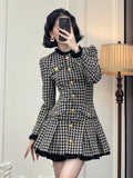 Getadme-Fall Winter French Vintage Small Fragrance Dresses For Women Houndstooth Single Breasted Slim Waist Elegant Mini Pleated Dress