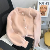 Korean Simple O-neck Single-breasted Imitation Mink Velvet Knitted Sweater 2023 Casual Loose Soft Pearl Buttons Cardigan Women