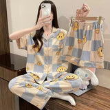 Getadme-3pcs Summer Ladies Pajamas Printing Kawaii Clothes Short Sleeve Laple Top Loose Shorts Trousers Loungewear Suit Women Pijamas