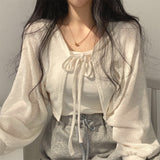 White Knitted Cardigan Women Spring Summer Thin Sunscreen Lace-Up Knitwear Tops Female Korean Style Lantern Sleeve Short Shirt