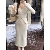 Faxu Fur Sweater Knitted Suits Women Slim Winter Elegant Vintage 2 Piece Dress Set Office Lady Y2k Clothing Korean Fashion