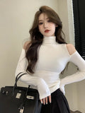 Turtleneck Clothes Plain Tshirts Off Shoulder White Sexy T Shirts Slim Women's Kpop Emo Cool Female Tops Beautiful Xxl Tees