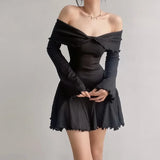 Getadme Autumn Strapless Sexy Black A-LINE Dress Women Off Shoulder Long Sleeves Streetwear Knitting Mini Dresses Elegant Club Partywear