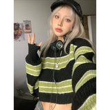 Getadme- Y2k Harajuku Green Striped Cropped Sweater Women Kpop Knitted Vintage Jumper Korean Style Autumn Streetwear Pullover