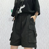 Getadme-Gothic Black Cargo Shorts Women Summer Streetwear Couple Wide Leg Shorts Woman Harajuku Big Pockets Knee Length Pants 4Xl