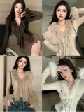 Solid Color Fur Knitted V-neck Tie Cardigan Women Clothes Cropped Fashion Hot Girls Y2k Tops Korean Atmosphere Slim Fit T-shirt