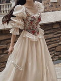 Vintage Elegant Print Floral Dress Women 2022 Autumn O-neck Casual Evening Party Midi Dress Female Puff Sleeve Korea Fairy Dress