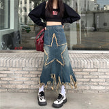 Three-dimensional Five-pointed Star Patch Denim Skirt Women's Spring Autumn Street Thin Do Old Tassel Mid-length Skirts Female