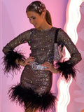 Glitter Hollow Out Feathers Long Sleeve Autumn Crop Top Slim Mini Skirt Women Two Piece Set Sexy See Through Party Y2K