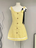 Getadme Yellow French Small Fragrant Tweed Party Dress For Women  High Quality Korean Sweet Fashion 3D Flower Slim Summer Dresses