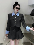 High Quality Contrast Striped Patchwork Blazer Coat + High Waist Pleated Skirt Suit Korean Fashion Sweet Two Piece Set For Women