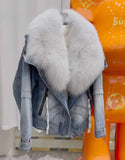 Hot Sales New Fashion Denim Goose Down Big White Fox Fur Collar Detachable Goose Down Filling Inner Lining High-End Jacket