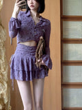 Purple France Vintage Two Piece Set Women Summer Lace Sexy Mini Skirt Suit Female Korean Fashion Hight Waist Skirt Suit 2023 New
