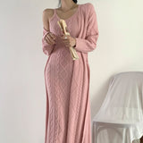 Getadme-Chic Pink Wool Dress Set Women Sexy Winter Fall Argyle Sleeveless Knitting Dress Ladies Korean Streetwear Knitwear Autumn