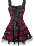 Vintage Plaid Bandage Gothic Women A-line Dresses Grunge Aesthetic Lace Trim Patchwork Mini Dress Punk Bodycon Sexy Partywear