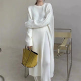 Getadme Retro Split Woolen Dress Women Sexy Autumn White Solid O-neck Soft Long Knitted Dresses Women Clothing Winter Knitwear Chic