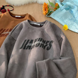 Harajuku Men Letter Print Suede Sweatshirts Vintage Unisex Y2K Women Hoodies 2023 Spring Fall New Korean Casual Male Pullovers