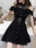 Getadme New Single Breasted Women Summer Dress Sweet Chic Black office work Short mini Dresses With Belt Vestidos jurken