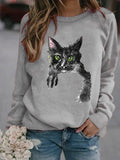 Getadme-Autumn and Winter New Solid Color Women's Fashion 3D Cat Print Round Neck Top Hoodie Long Sleeve Fashion Versatile Casual Hoodie