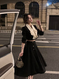 Getadme-2 Piece Dress Set Women Casual Elegant Vintage Black Midi Dress Korean Clothes Y2k Crop Top Short Coats + Skirt Autumn Chic