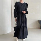 Getadme  Ruffle Design Loose Solid Long Sleeve Maxi Dresses for Women Vintage Korean Fashion Clothing Chic Retro Minimalist Style O Neck