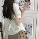 Getadme Korean Fashion  New Spring/Summer Sexy Girl Short Sleeve Preppy Style Slim JK Bandage Shirt Women's Bow Tie Neck Blouse Top