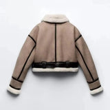 Getadme-2024 Winter Women Y2K Lambwool Faux Fur Coat Patchwork Short Jacket Woman Bomber Jacket Long Sleeve Zip Up Fleece Cropped Jacket