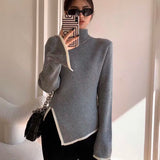 Lucyever Women's Turtleneck Sweater and Pullover Winter 2023 New Side Slit Knitted Sweaters Female Long Flare Sleeve Knitwears