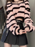 Getadme Sweet Off Shoulder Top Striped Knit Set Women's Spring Autumn Spicy Girls High Waist Pleated A-Line MiNi Skirt Two Piece Set Y2K