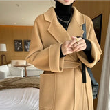 Getadme-Double-Sided Cashmere Coat For Women In Autumn And Winter , New High-End Lapel Belt, Loose And Long Knee Length Wool Woolen