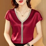 Shirts and  Blouses Fashion Woman 2023 Silk Tops Solid V-neck Satin Bat Sleeve for Women Elegant Office Lady Loose Casual 15494