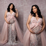 Unique Lavender Fluffy Prom Dresses for Photo Shoot or Baby Shower Maternity Robes V Neck Appliques Lace Women Photoshoot Gowns