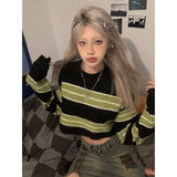 Getadme- Y2k Harajuku Green Striped Cropped Sweater Women Kpop Knitted Vintage Jumper Korean Style Autumn Streetwear Pullover