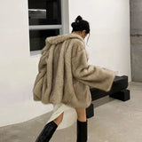 Getadme-Faux Fox Fur Coat Women New Winter Warm Cardigan Jacket Lambswool Mid-Length Lapel Loose Plush Coat Oversized Teddy Jacket