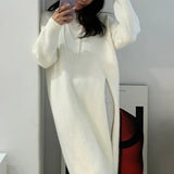 Getadme Retro Split Woolen Dress Women Sexy Autumn White Solid O-neck Soft Long Knitted Dresses Women Clothing Winter Knitwear Chic