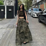 Women's Oversized Hem Loose Camouflage Skirt Summer Street Style Cool Female Elastic Waist Umbrella Floor-length Long Skirt