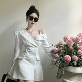 Chic Korean Fashion Dress Women Elegant Temperament Off Shoulder Dresses Spring 2023 Irregular Slim Button Up Blazer Dress 2023