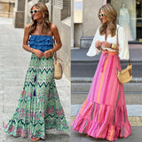 Summer High Waist Long Floral  A-Line Skirt Women Casual Beach Faldas Female Boho Elastic Waist Holiday Party Maxi Skirt