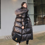 Down jacket women's long over knee extension 2023 new Korean version large fur collar thickened loose winter clothing
