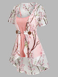 Peach Blossom Print Irregular Blouse And Camisole Set Asymmetric Women Spring New Top Twinset