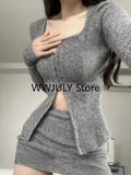 Getadme-Autumn New Grey Casual Knitted Suits Sexy 2 Piece Skirt Set Woman Elegant Y2k Crop Tops + High Waist Slim Mini Skirt Korean