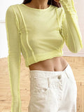 White O-Neck Women'S T-Shirt 2023 Elegant Yellow Long Sleeve Fall Tee Shirt Casual Slim Elastic Solid Top Female