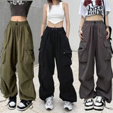 Getadme Women Casual Tech Pants Drawstring Black Low Waist Wide Leg Trousers Oversized Sweatpant Baggy Joggers Y2k Streetwear Cargo Pant