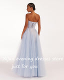 Getadme-Dubai Sky Blue Tulle Evening Dresses Strapless Sleeveless Pleat Ruched Saudi Arabic Women Formal Party Prom Gown