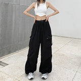 Getadme Women Casual Tech Pants Drawstring Black Low Waist Wide Leg Trousers Oversized Sweatpant Baggy Joggers Y2k Streetwear Cargo Pant