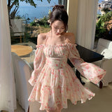 Getadme Summer Floral Dress Women Slash Neck Female Long Sleeve Fairy Dress Off Shoulder Pink A-line Elegant  Beach Short Dresses