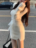 Getadme-Autumn Sweater Knitted Suits Female Elegant 2 Piece Dress Korean Fashion Even Party Y2k Mini Dress Office Lady Short Skirts