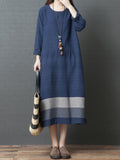 Women Casual Dress New Arrival 2023 Autumn Vintage Style O-neck Loose Comfortable Female Cotton Linen Long Dress B2881