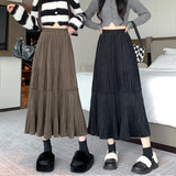 Getadme-Autumn/Winter Korean Edition Elastic Waist Mid length Velvet Half length Skirt with Large Swing A-line Pleated Skirt