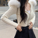 Korean Style Zip-up Cropped Sweater Cardigan Women Sweet Casual Basic Slim-fit Feathers Hooded Knitted Jackets Autumn